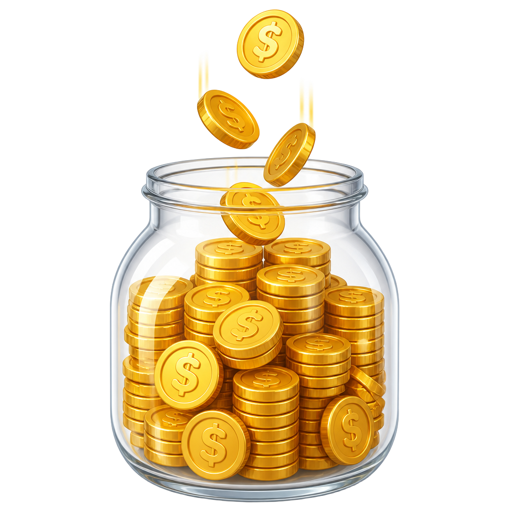Glass jar filled with gold coins