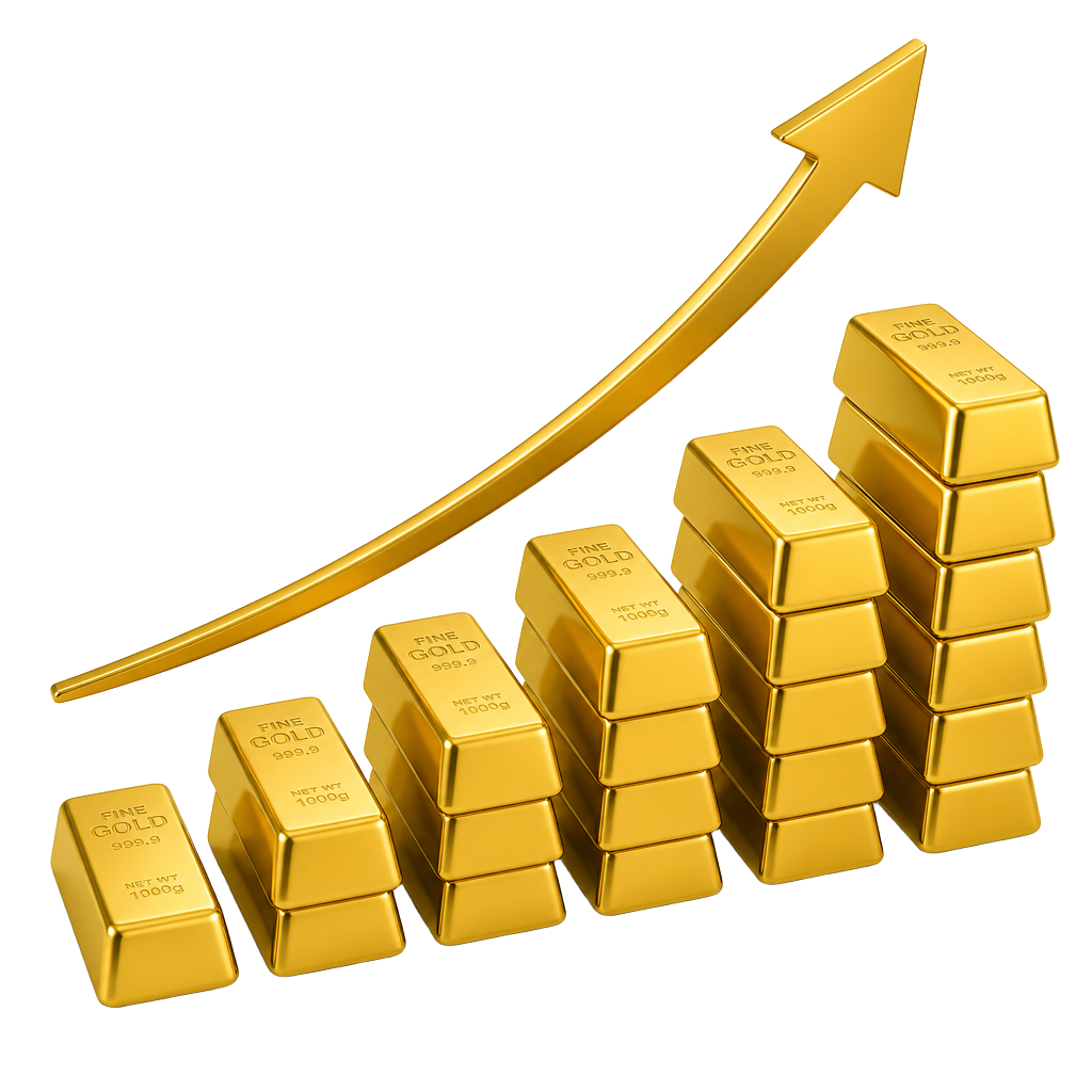 Rising stacks of gold bars with an upward arrow