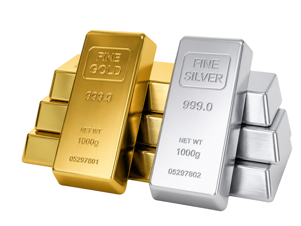 Stack of fine gold and silver 1000g bullion bars